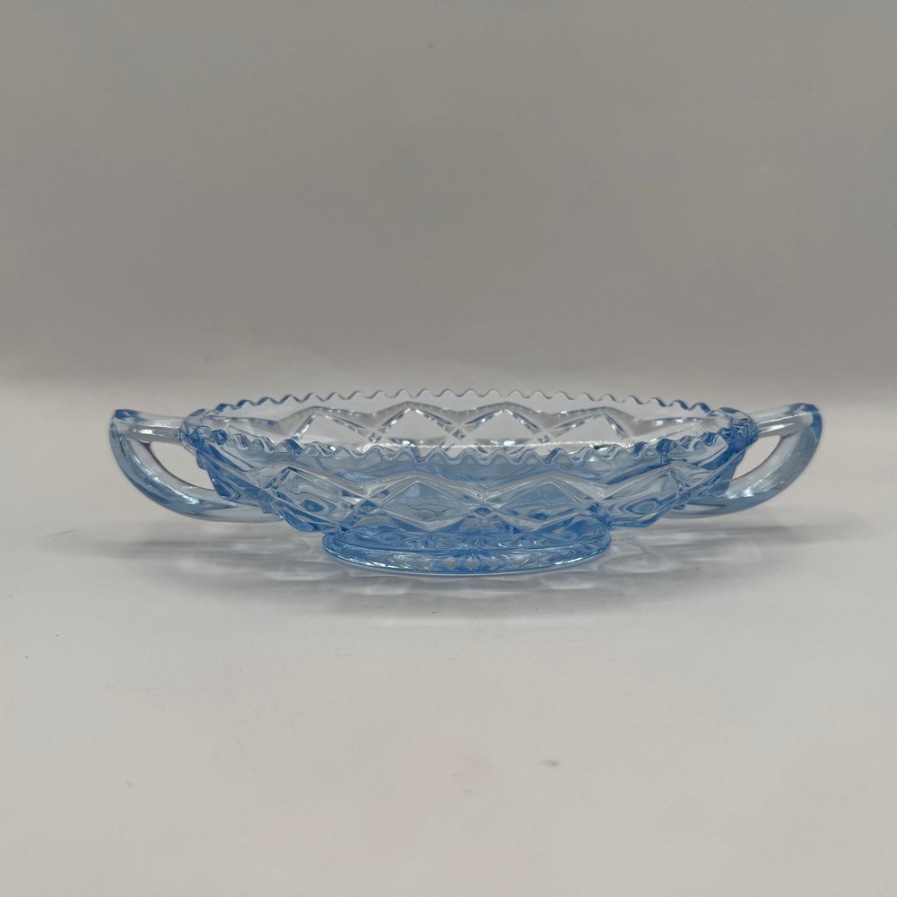 Vintage Diamond Point Glass Candy Dish Blue Oval Handled Trinket Bowl 8.5in